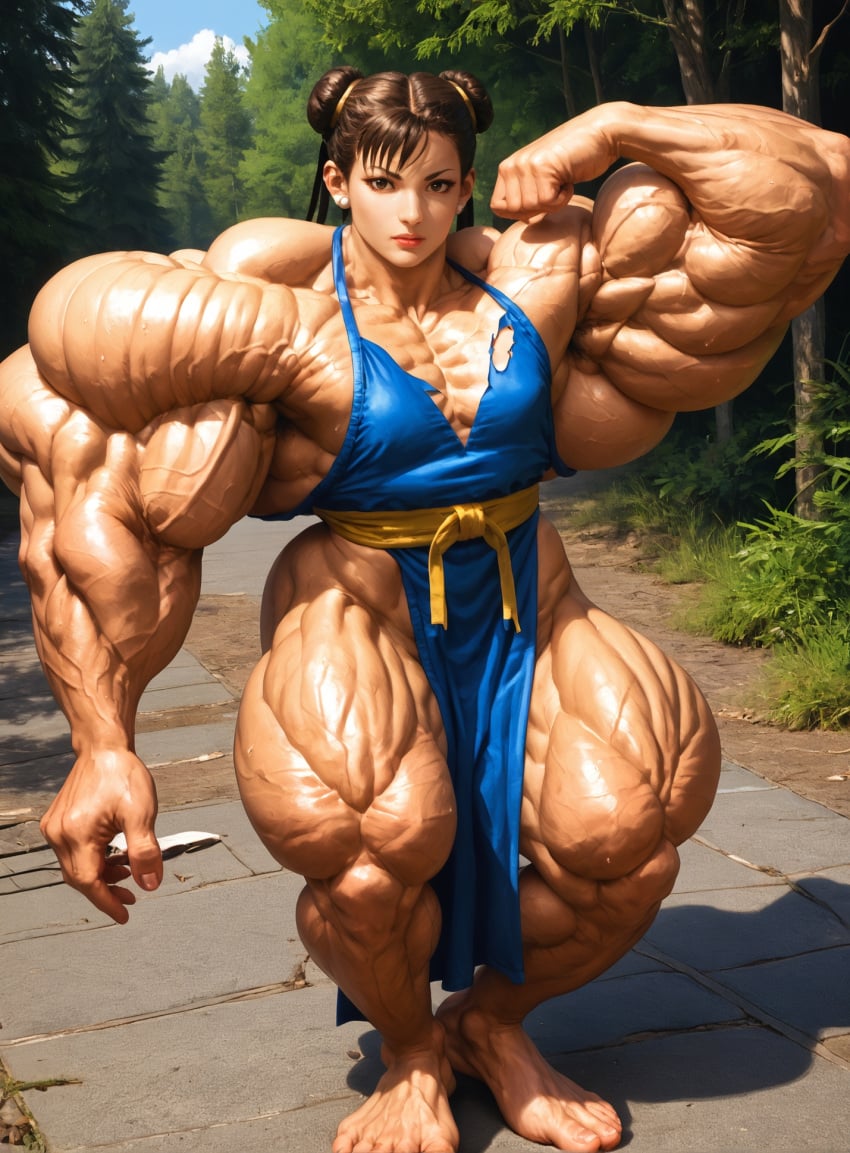 ai_generated big_feet blue chun-li damoclessss dress hyper_muscles muscular_female shower sitting street_fighter