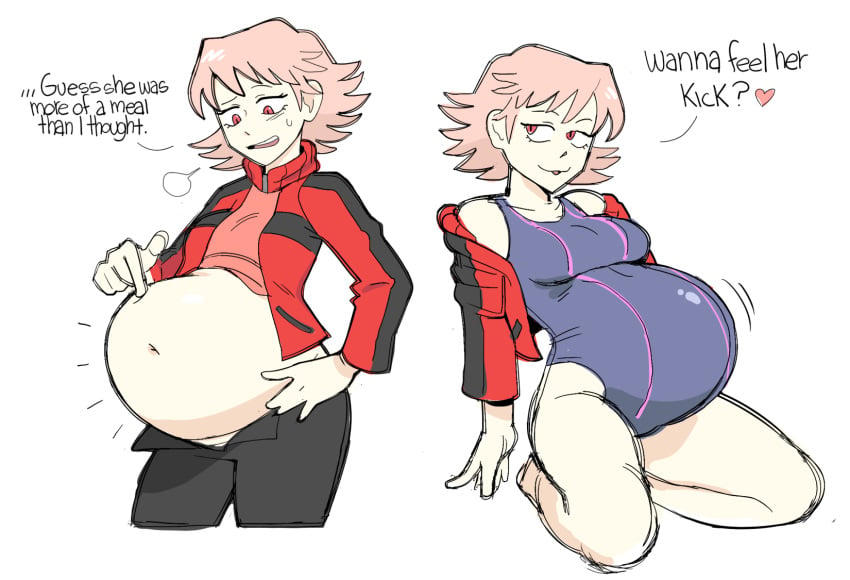 big_belly canon_vore clothing dr-worm flcl haruko_haruhara heart lewdlemage one-piece_swimsuit pink_hair pregnant swimsuit vore white_background