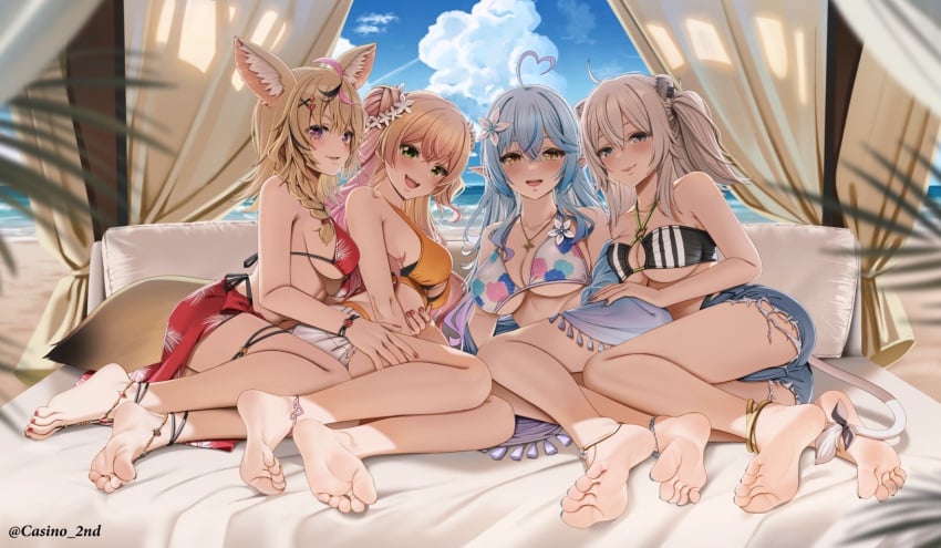 anklet ass big_breasts black_nail_polish black_nails black_toenails blonde_hair blue_hair breasts casino_(casinoep) cleavage feet foot_fetish hair_ornament looking_at_viewer multiple_girls nail_polish silver_hair smiling smiling_at_viewer soles swimsuit tagme toenail_polish toes toes_spread