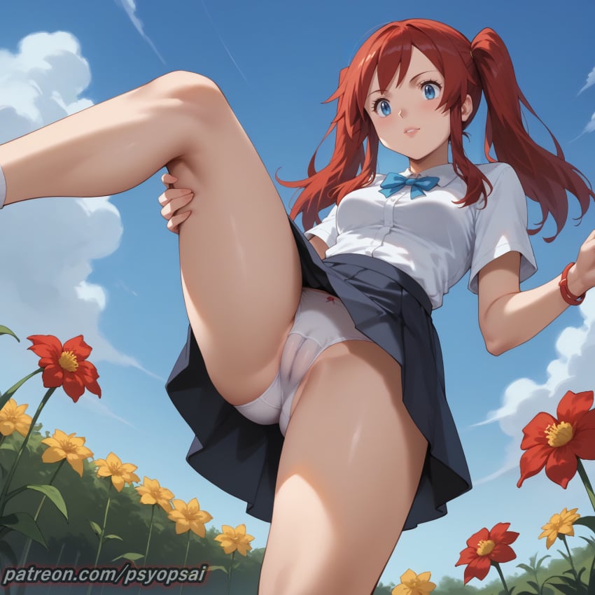 1girls ai_generated artist_name blue_eyes cameltoe clothing colored digital_media_(artwork) female female_focus female_only field flowers from_below front_view leg_up lifting_leg melody_(pokemon) one_leg_up panties pokemon psyopsai pussy red_hair solo solo_focus stockings tight_clothing twintails uncensored underwear upskirt vagina watermark