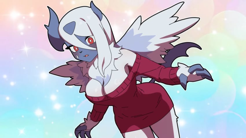 absol anthro blush breasts color grey_claws grey_fur grey_horn grey_horns grey_tail hakkimanime mega_absol pokemon pokemon_(species) red_eyes red_sweater sweatdrop white_fur white_hair wings