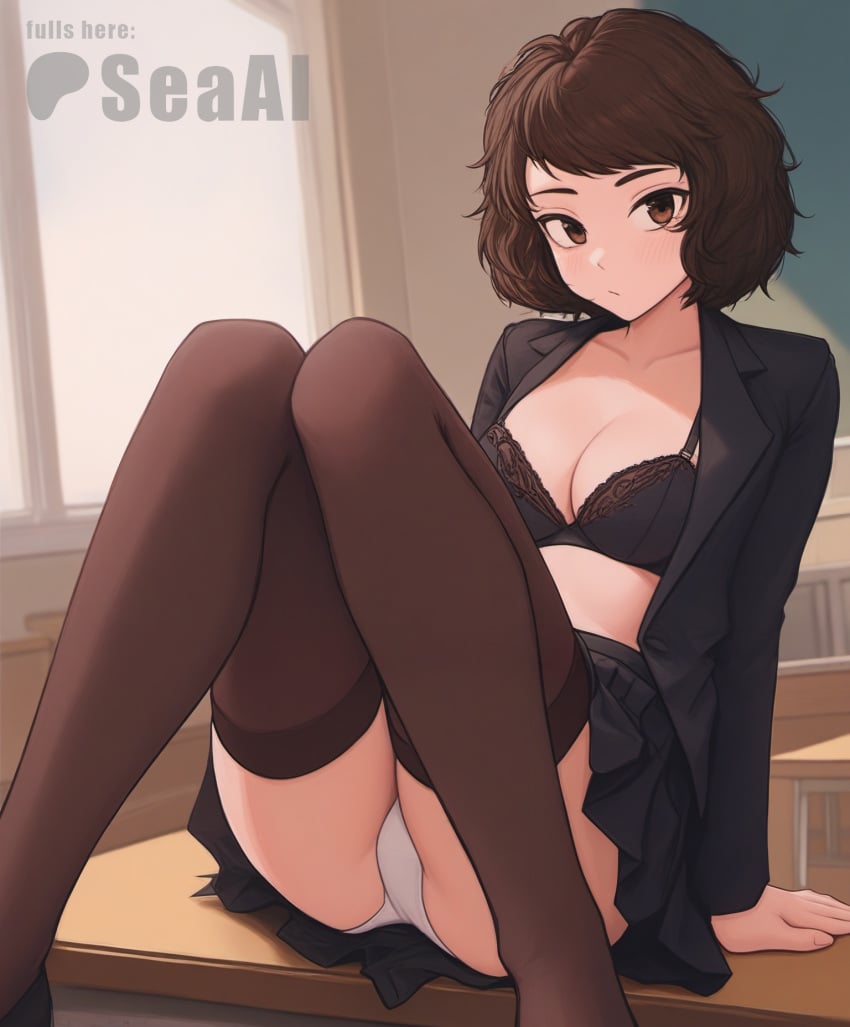 1girls ai_generated classroom cleavage on_table panties persona persona_5 sadayo_kawakami seacreator stockings thighhighs