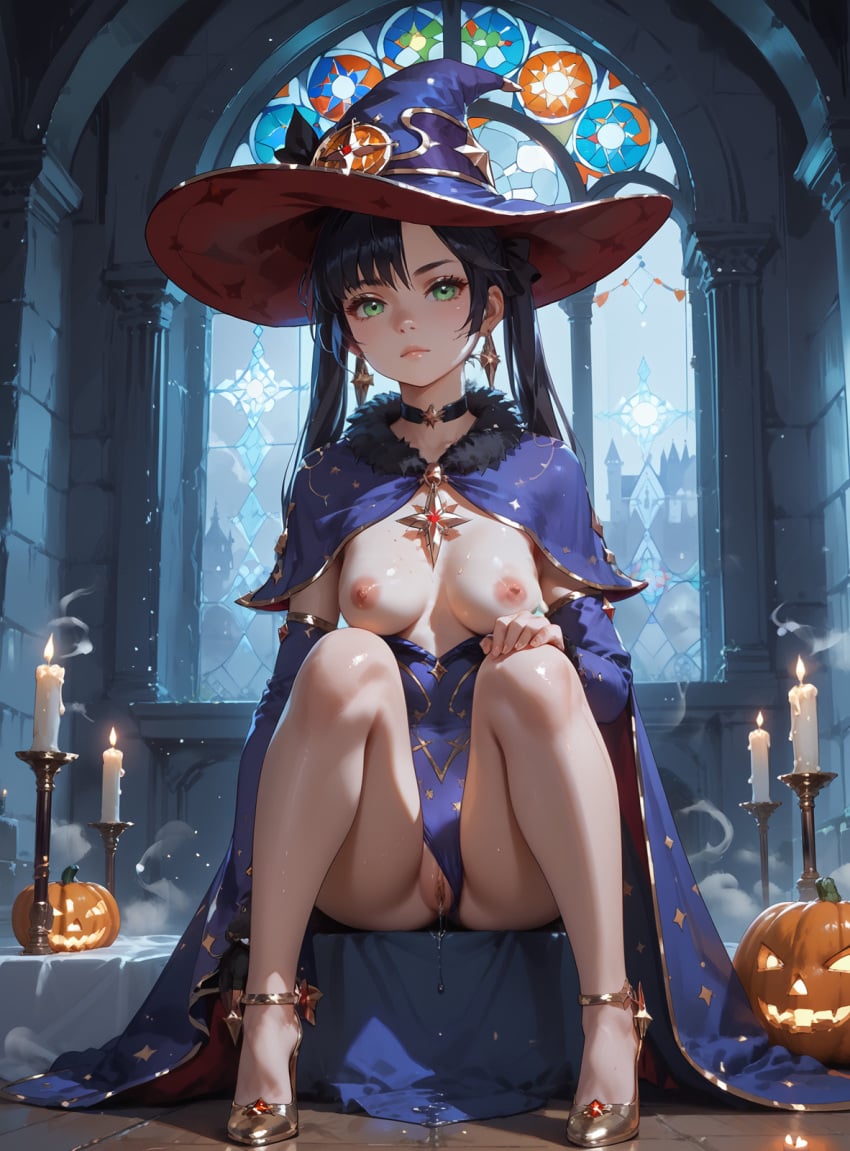 ai_generated akira_hentai altar black_choker black_gloves black_hair black_pantyhose bra breasts breasts_exposed_ candles capelet dark detached_sleeves female fur_collar genshin_impact gold_footwear halloween high_heels highleg-leotard long_hair long_sleeves magic mona_(genshin_impact) mysterious nipples pumpkins purple_leotard seductive sexy shadows sitting stained-glass stone thighlet titswitch twintails