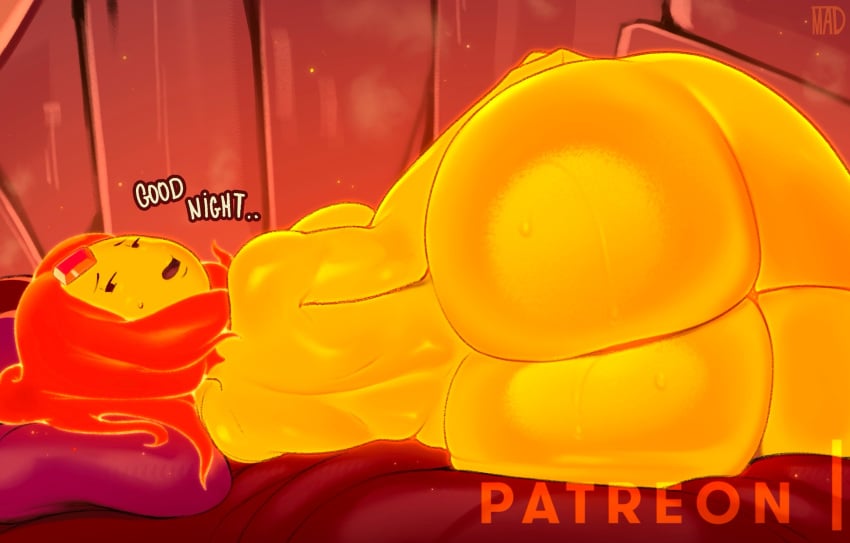 adventure_time ass ass ass_focus bed bedroom big_ass big_butt butt_crack butt_focus cartoon_network dialogue eyes_half_open flame_princess looking_at_viewer looking_back lying_on_bed lying_on_side madheaven patreon patreon_logo phoebe_(adventure_time)