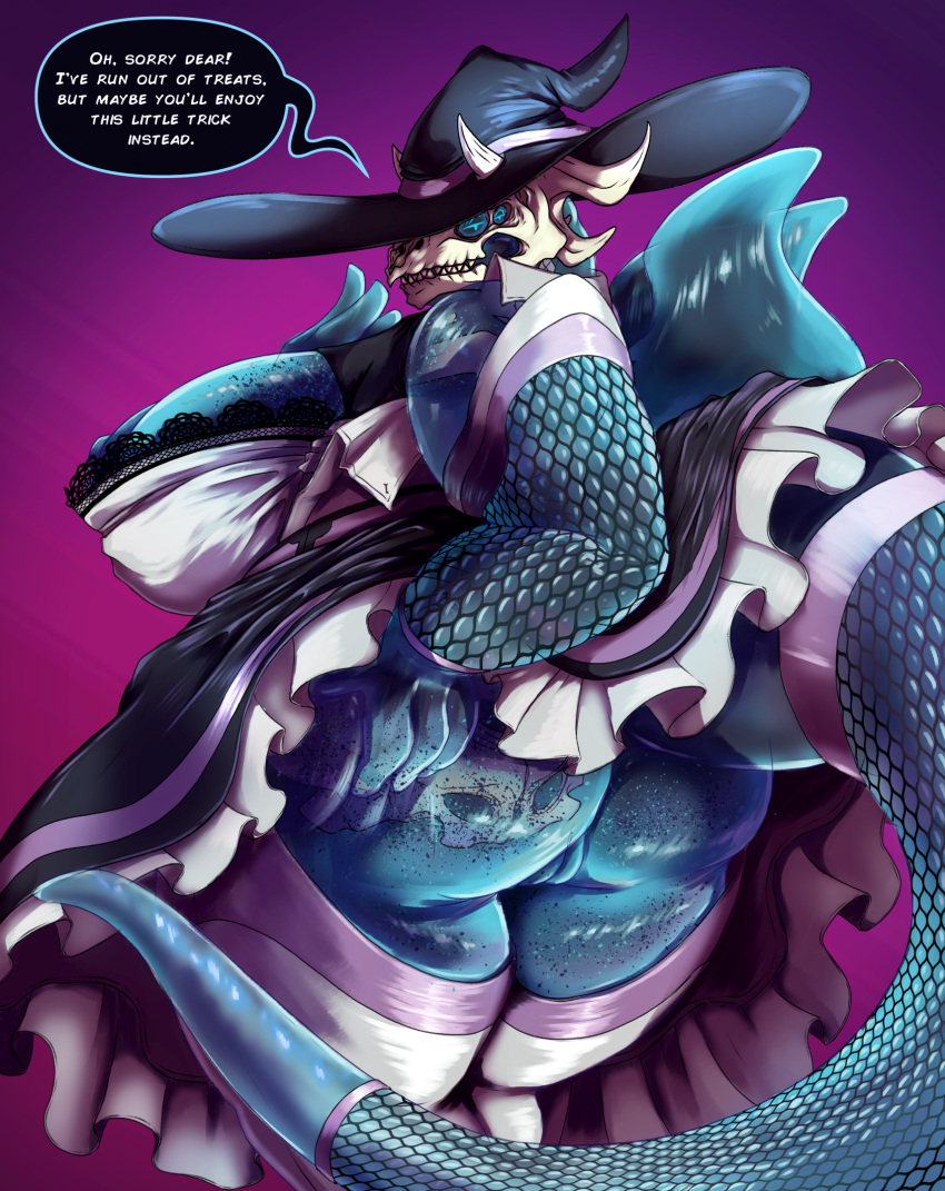 anthro ass big_breasts big_butt blue_body bone breasts butt_grab butt_squish clothing dialogue dragon dress english_text female genitals goo_creature goo_creature_with_bones hand_on_butt hat headgear headwear hi_res horn huge_breasts huge_butt legwear mature_female mythological_creature mythological_scalie mythology pussy scalie skeleton skull skull_head solo speech_bubble squish stockings text thick_thighs thigh_highs tolerain voluptuous_anthro voluptuous_female witch_costume witch_hat zeema_(tolerain)