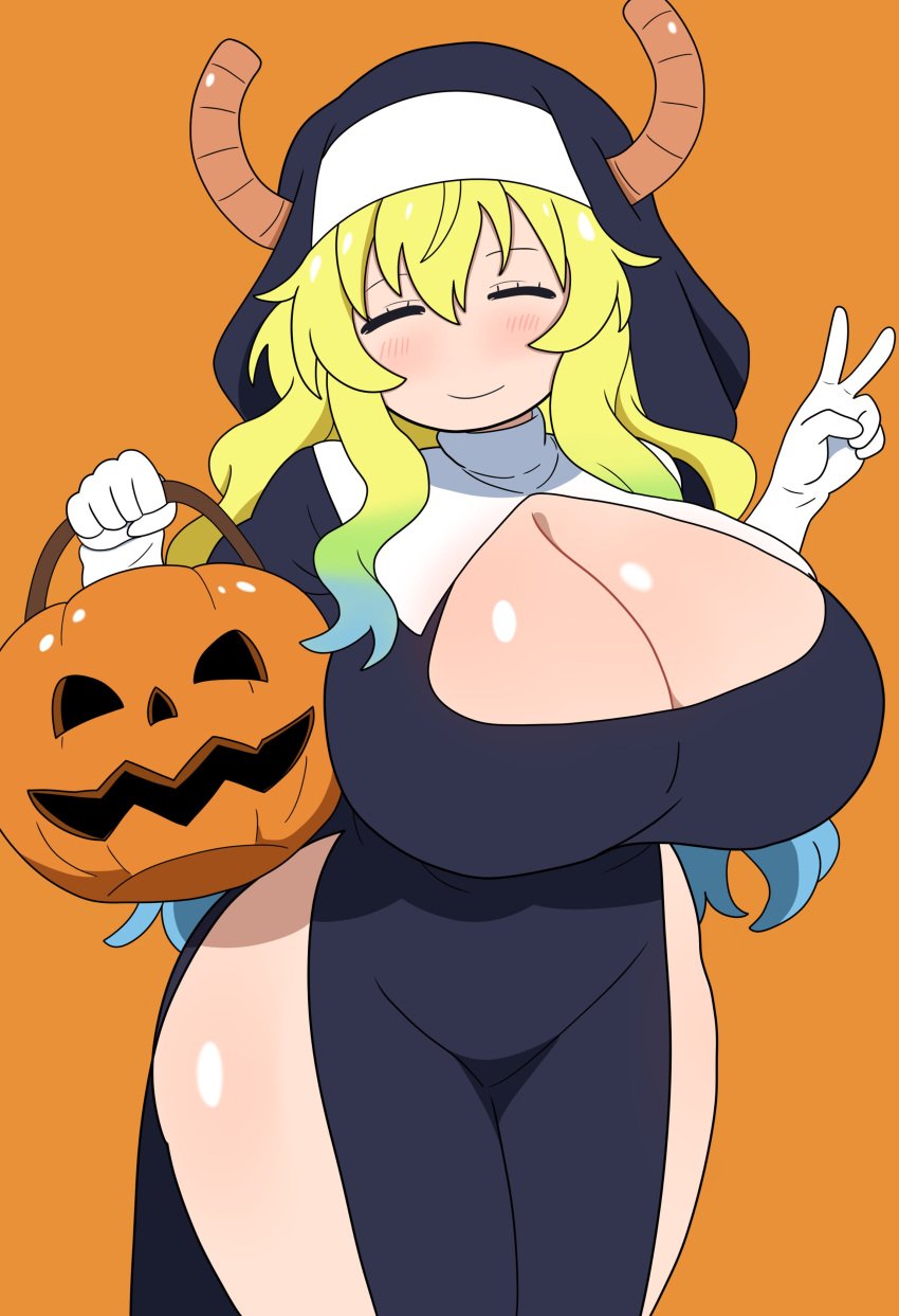 big_breasts blonde_hair blush bojack198 breasts closed_eyes dragon female female_only green_hair halloween hat holidays horns lucoa lucoa_(maidragon) miss_kobayashi's_dragon_maid multicolored_hair nipples nun quetzalcoatl_(dragon_maid) smiling tagme