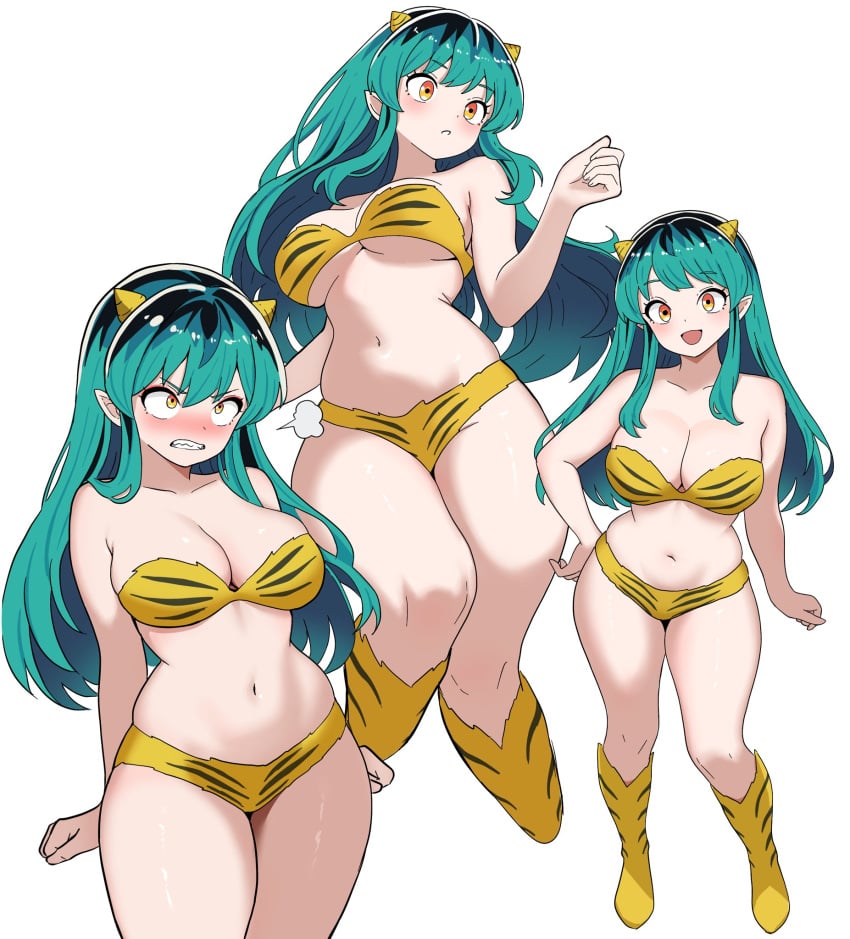 :d angry bare_arms bare_legs blush clenched_teeth female green_hair hand_on_own_hip highres ishinabe_art long_hair lum multiple_views pointy_ears smile solo teeth thick_thighs thighs urusei_yatsura