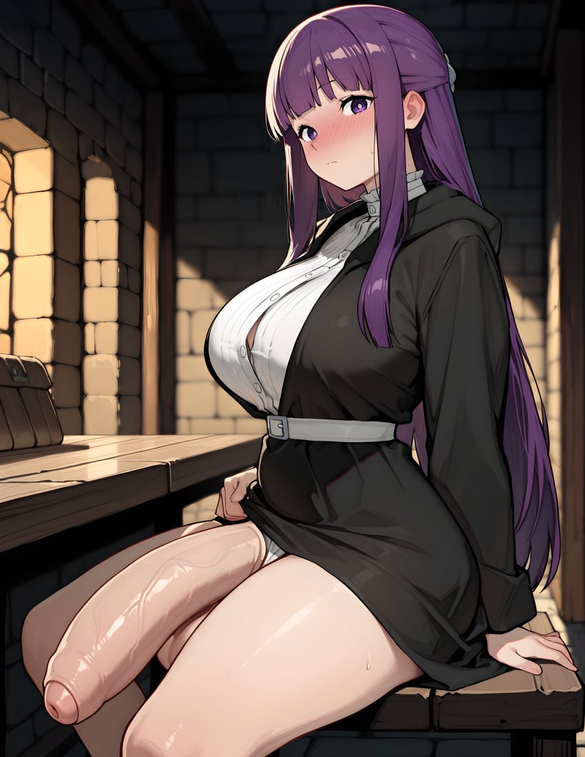ai_generated fern_(sousou_no_frieren) foreskin futanari grapesss half_naked intersex large_breasts light-skinned_futa massive_penis penis purple_eyes purple_hair solo_futa sousou_no_frieren uncircumcised
