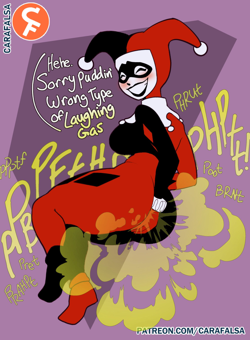 1girls ass batman_(series) big_ass carafalsa dc dc_comics fart fart_cloud fart_fetish farting female harley_quinn harley_quinn_(classic) solo_female