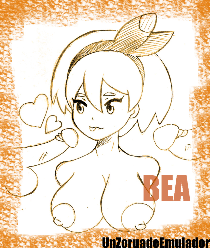 1girls 2boys alternate_breast_size bea_(pokemon) big_breasts breasts drawing hairband human human_only partially_colored penis pokemon pokemon_ss saitou_(pokemon) text topless