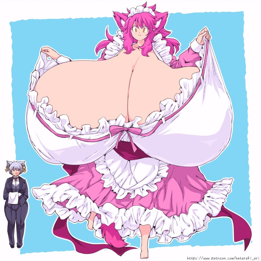 2females 2girls 2women big_breasts breasts cleavage colossal_breasts enormous_breasts enormous_tits female female_focus female_only giant_breasts giant_tits giantess gigantic_breasts gigantic_tits hataraki_ari huge_breasts hyper_breasts hyper_tits large_breasts large_tits maid_uniform massive_breasts massive_tits milkcat_(hataraki_ari) pink_hair women