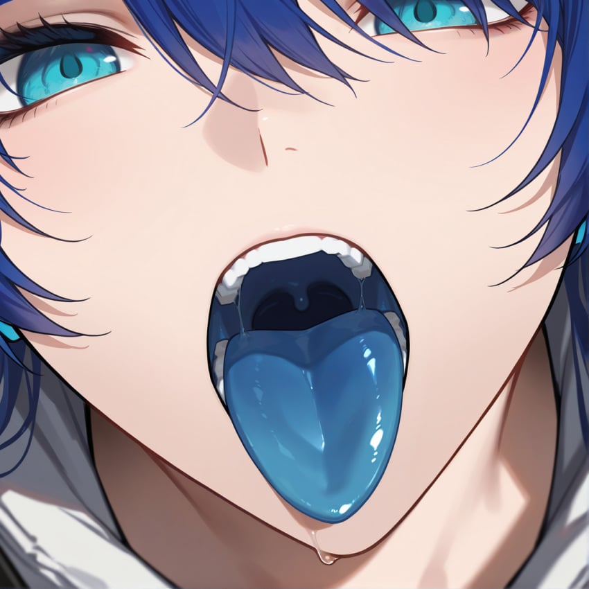 1girls ai_generated arknights blue_eyes blue_hair blue_tongue female kao140522 mostima_(arknights) open_mouth saliva