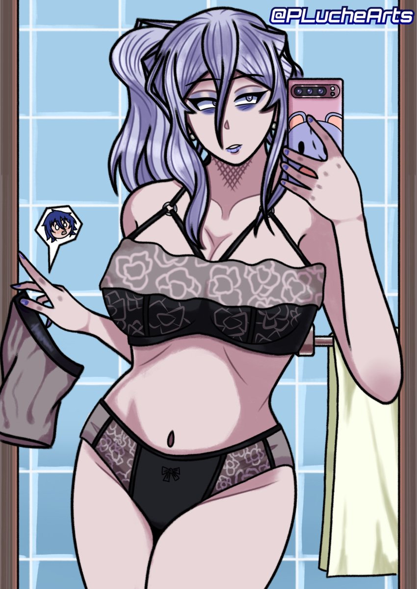 1girls bathroom big_breasts black_underwear blue_eyes breasts chibi date_a_live female itsuka_shido light-skinned_female light_skin long_hair mature_female murasame_reine pluchearts ponytail selfie silver_hair speech_bubble underwear
