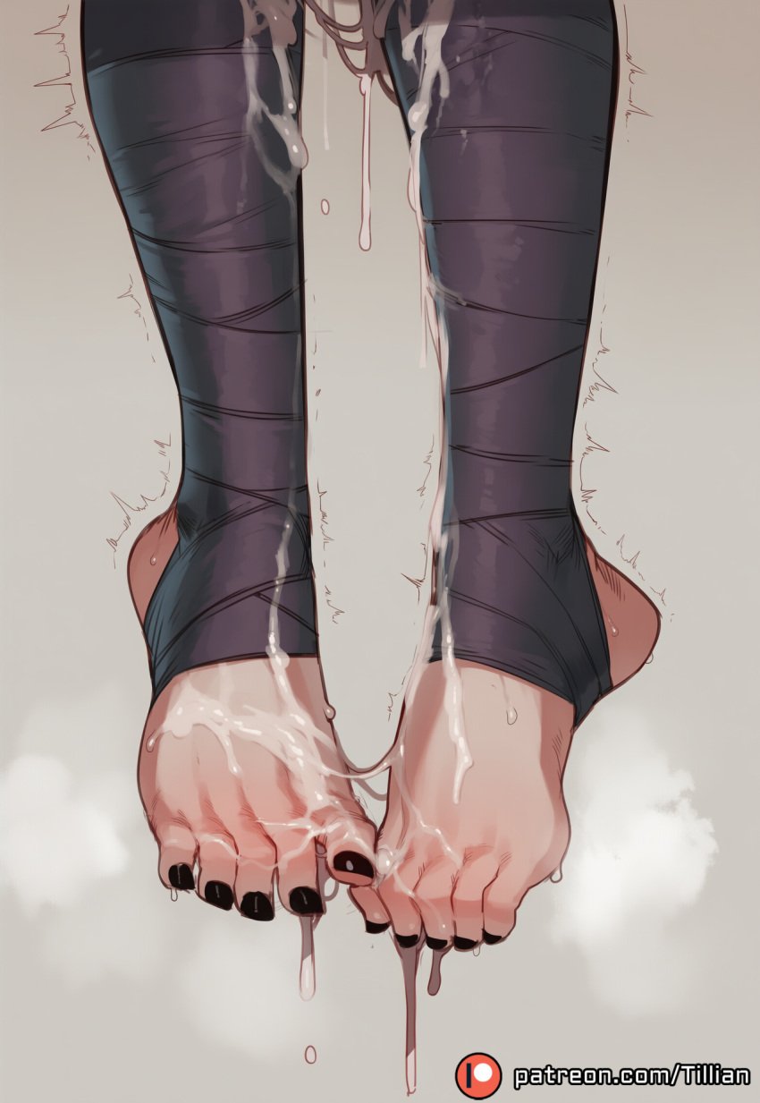 ai_generated black_nails black_toenails cum cum_drip cum_on_feet dripping dripping_cum feet foot_fetish footwear footwraps steam tillian tremble_spikes