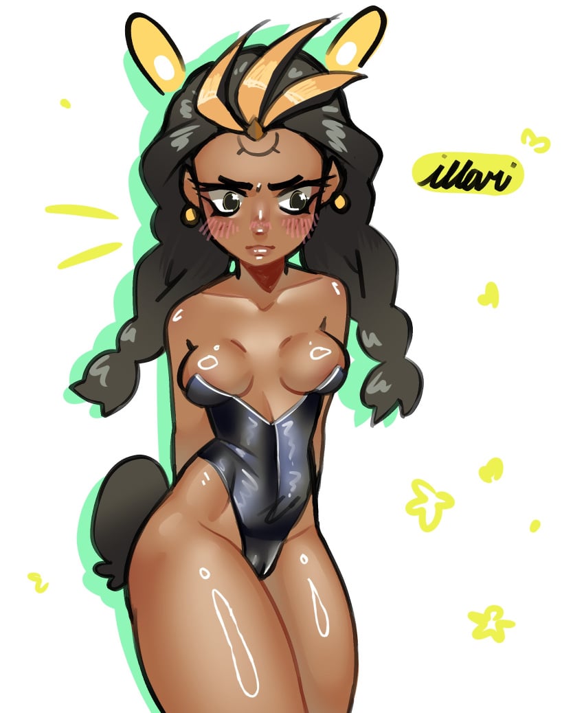 1female 1girls barely_contained_breasts blush breasts brown_skin bunny_tail bunnysuit covered_nipples earrings face_markings female illari_(overwatch) overwatch overwatch_2 revealing_clothes slpydream sole_female thick_thighs thighs