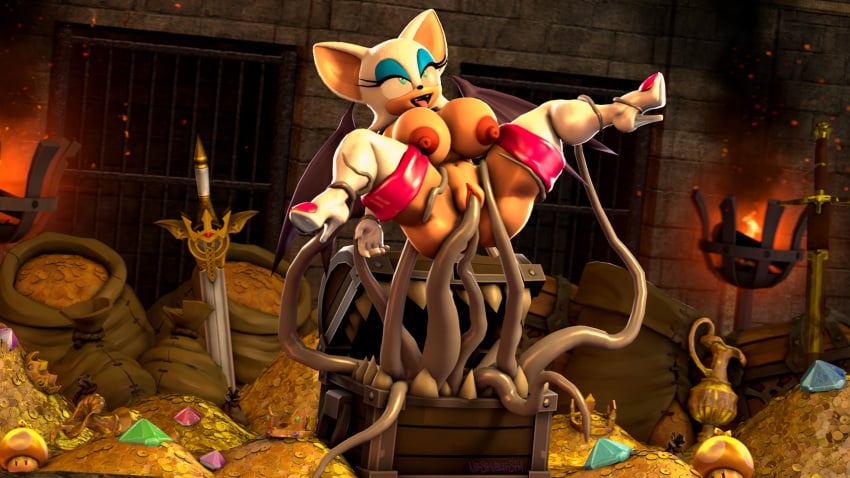 3d 3d_(artwork) anthro areolae big_breasts breasts chiropteran double_penetration female female_only gold heel_boots implied_anal kabalmystic_(style) looking_pleasured mimic_chest nipples not-so-violet-sfm pussy rouge_the_bat sega sonic_(series) tentacle tentacle_sex treasure vaginal_penetration white_fur