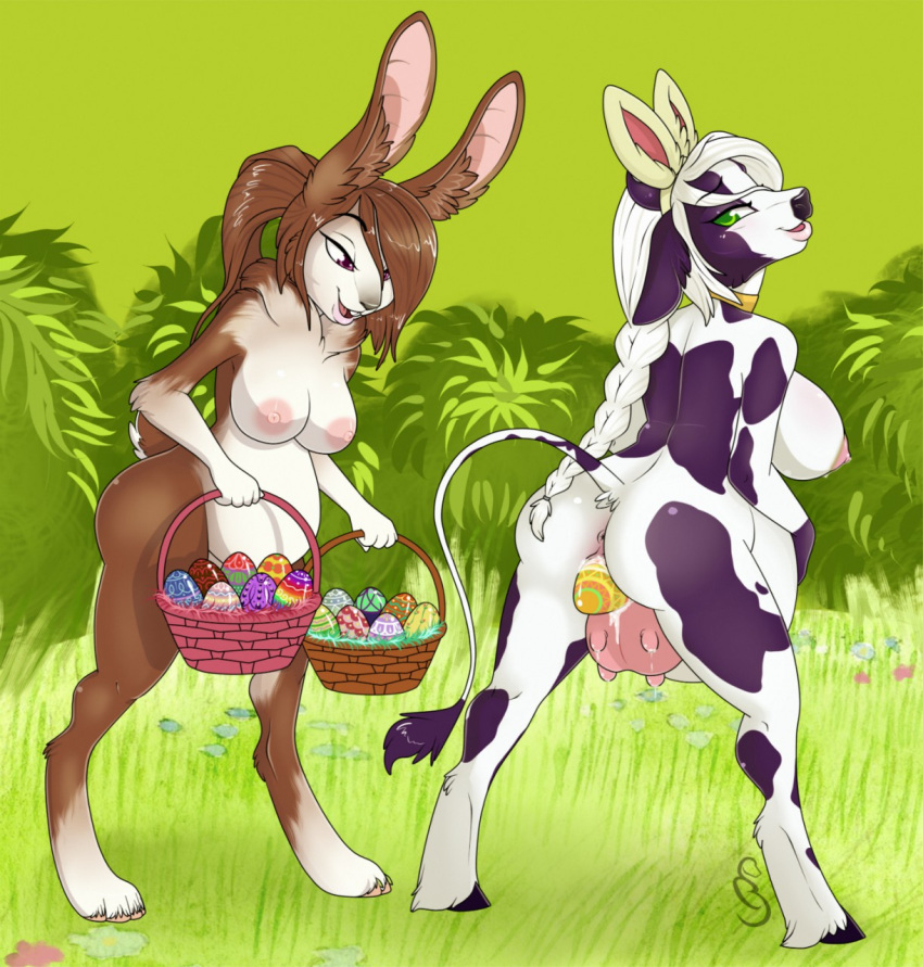 anthro anus ass basket belly big_belly big_breasts bodily_fluids bovid bovine braided_hair breasts buckteeth cattle collar digitigrade easter easter_egg egg egg_laying eyelashes female genital_fluids hair half-closed_eyes hi_res holidays hooves lactating lagomorph leporid long_ears long_hair mammal milk milk-jug nipples nude pregnant pussy pussy_juice rabbit standing teats teeth udders