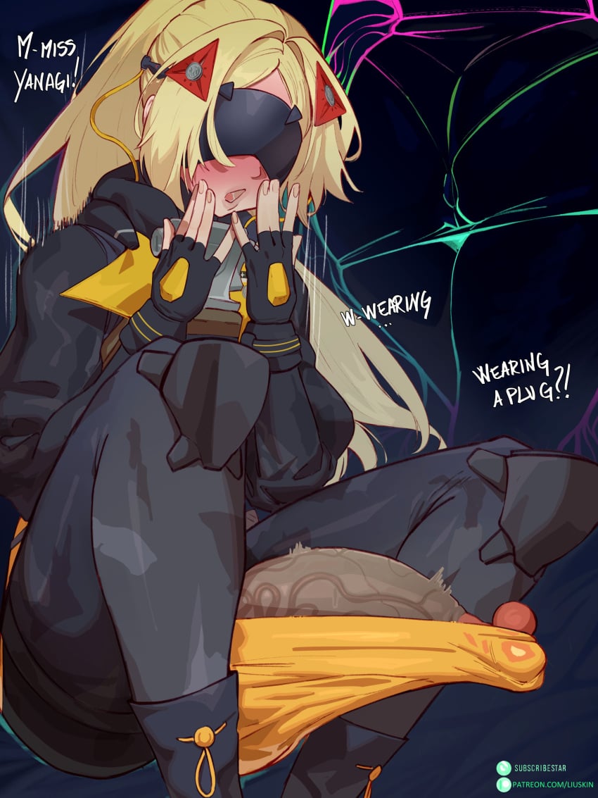 1futa blind blindfolded_futa blonde_hair blush dick dickgirl embarrassed english_text erect_penis erection erection_under_clothes futa_only futanari hard_on hoyoverse huge_cock intersex large_penis light-skinned_futa light_skin liuskin mihoyo mostly_clothed penis ponytail shy tagme text trigger_(zenless_zone_zero) tsukishiro_yanagi veiny_penis visor zenless_zone_zero