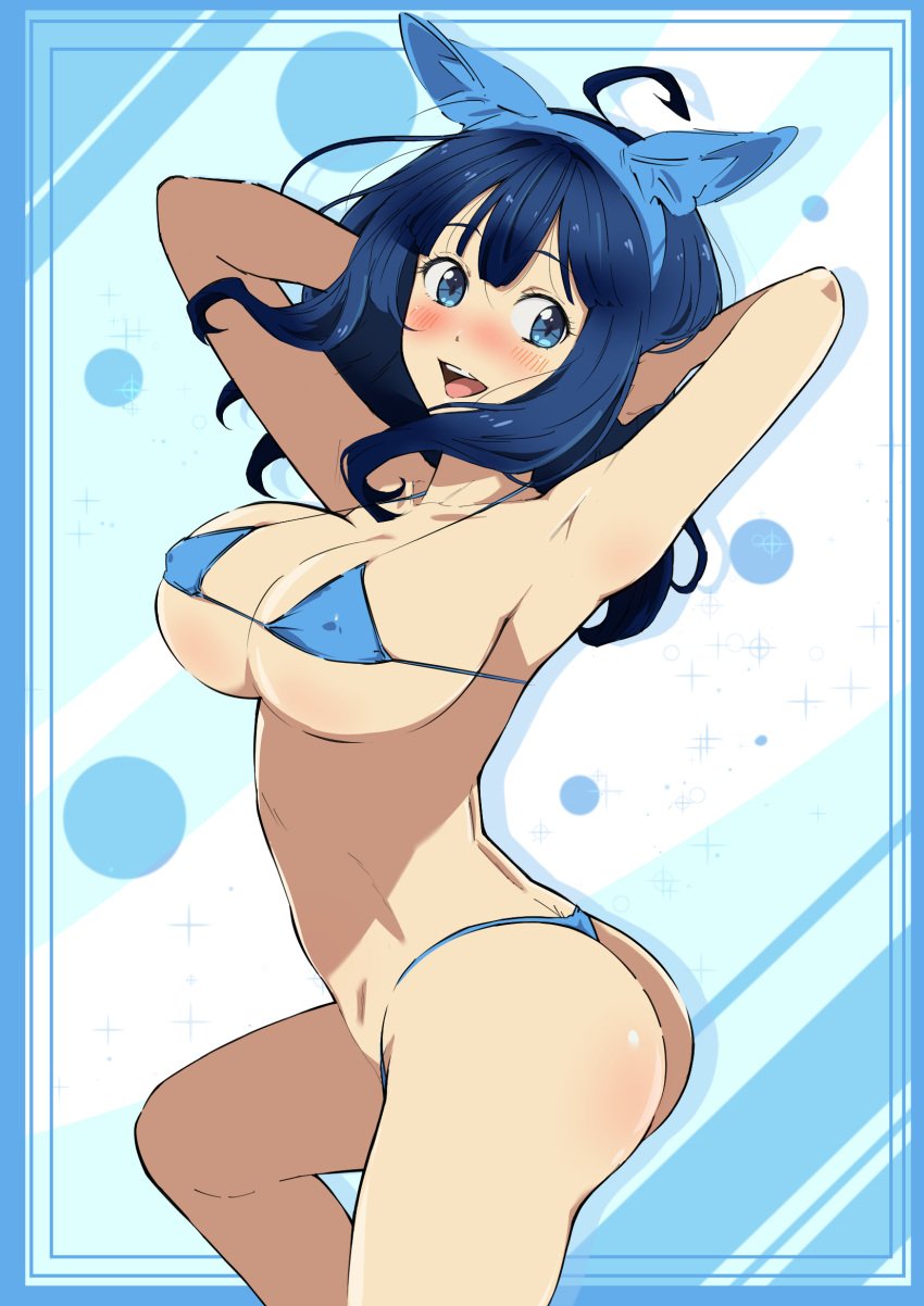 1girls ahoge alternate_breast_size antenna_hair armpit armpit_peek armpits arms_behind_head ass ass_cleavage back bare_armpits bare_arms bare_ass bare_back bare_belly bare_butt bare_chest bare_hands bare_hips bare_legs bare_midriff bare_navel bare_shoulders bare_skin bare_thighs belly big_breasts bikini bikini_bottom bikini_only bikini_top blue_background blue_bikini blue_bikini_bottom blue_bikini_top blue_eyebrows blue_eyes blue_eyes_female blue_hair blue_hair_female blue_string_bikini blue_swimsuit blue_swimwear blush blush_face blushing_at_viewer blushing_female breasts bubble_ass bubble_butt busty busty_female busty_girl busty_teen butt_crack collarbone coriponz elbows exposed_armpits exposed_arms exposed_ass exposed_back exposed_belly exposed_butt exposed_chest exposed_hips exposed_legs exposed_midriff exposed_navel exposed_shoulders exposed_skin exposed_thighs female female_focus female_only hair_between_eyes hairless_armpits hand_behind_head hands_behind_head high_resolution highres large_breasts lean_figure long_hair looking_at_viewer make_heroine_ga_oo_sugiru! midriff narrow_waist nipple_bulge open_mouth open_mouth_smile parted_lips plump_breasts shaved_armpits shoulders sideboob simple_background slender_body slender_waist slim_waist smooth_armpits solo standing string_bikini swimsuit swimwear teenage_tits thick_thighs thighs tongue underboob upper_body upper_teeth yanami_anna