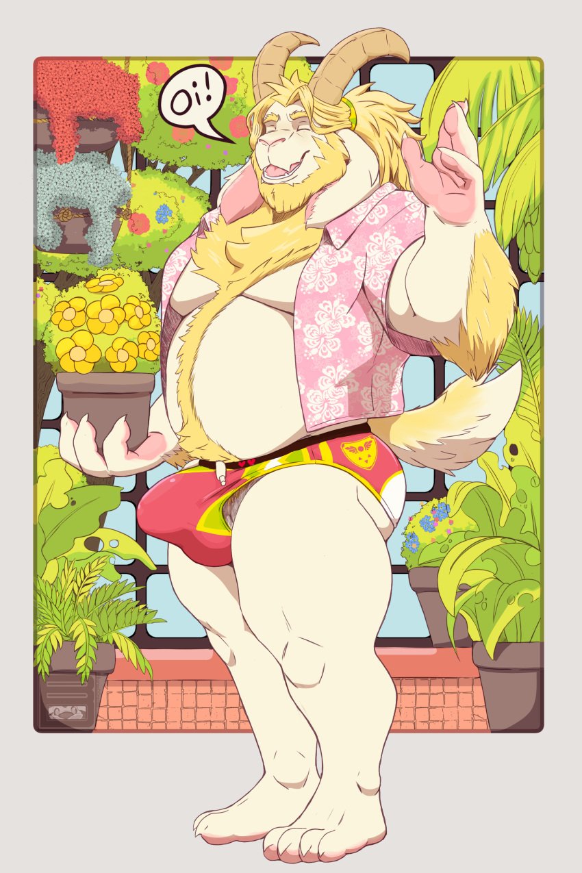 absurd_res asgore_dreemurr barazoku bovid bulge caprine clothing deltarune erection erection_under_clothing goat greenhouse hi_res male mammal muscular outside plant speedo swimwear undertale_(series) vivarium