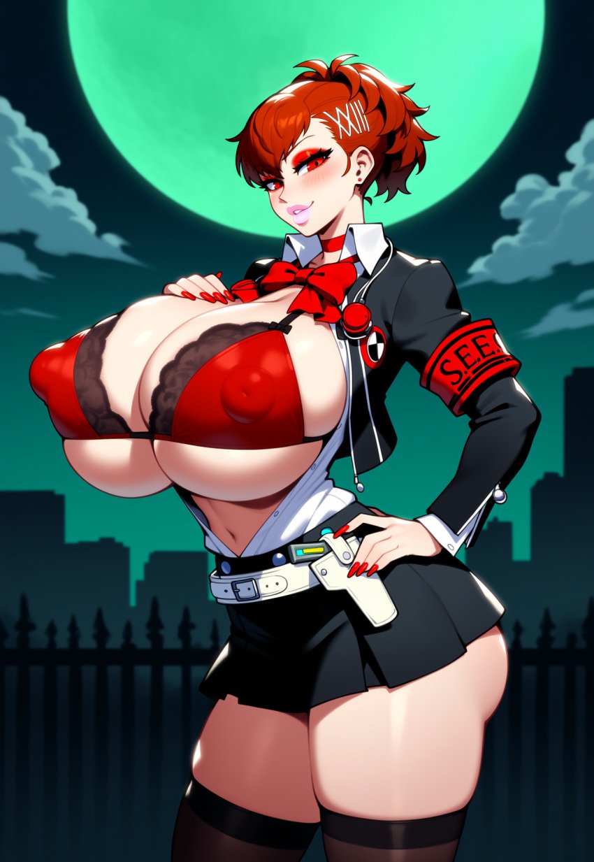 1girls adapted_costume ai_generated armband atlus auburn_hair battle_bimbo belt bimbo bimbo_body bimbo_lips bimbofication bimbofied blush bow bra breasts breasts_bigger_than_head choker cityscape collared_shirt colored_nails cropped_jacket dress_shirt eyeshadow female fence gigantic_breasts gun hand_on_breast hand_on_hip hand_on_own_chest headphones headphones_around_neck holster holstered_pistol holstered_weapon huge_ass huge_breasts jacket jacket_open kotone_shiomi lace_bra lace_trim lipstick long_nails long_sleeves looking_at_viewer makeup massive_ass massive_breasts moon moonlight navel night nipple_bulge novelai open_jacket orange_hair outdoors outside persona persona_3 pistol red_eyes school_uniform schoolgirl seductive seductive_eyes seductive_look seductive_smile short_skirt skindentation skirt smile smirk solo solo_female tented_shirt tgm101_(artist) thick_lips thick_thighs thighhighs thin_waist underboob weapon wide_hips