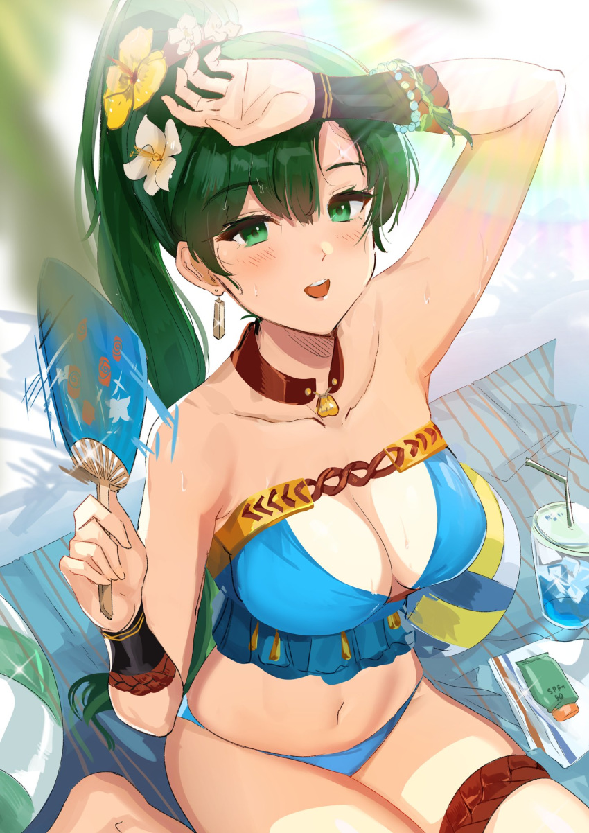 :o bikini bikini_top blue_bikini blue_bikini_top blush earring eyebrows_visible_through_hair fan fire_emblem fire_emblem:_the_blazing_blade fire_emblem_heroes flower_in_hair green_eyes green_hair large_breasts lyn_(fire_emblem) lyn_(summer)_(fire_emblem) necklace open_mouth ormille sunshine sweat sweatdrop