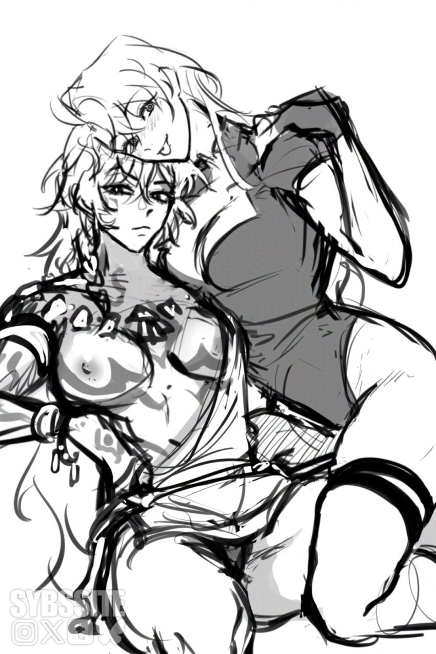 boobs_out breasts dominant dominant_female half-dressed half_naked honkai:_star_rail mydei_(honkai:_star_rail) phainon_(honkai:_star_rail) sybssite thigh_strap tight_clothing yuri yuri_with_female_audience