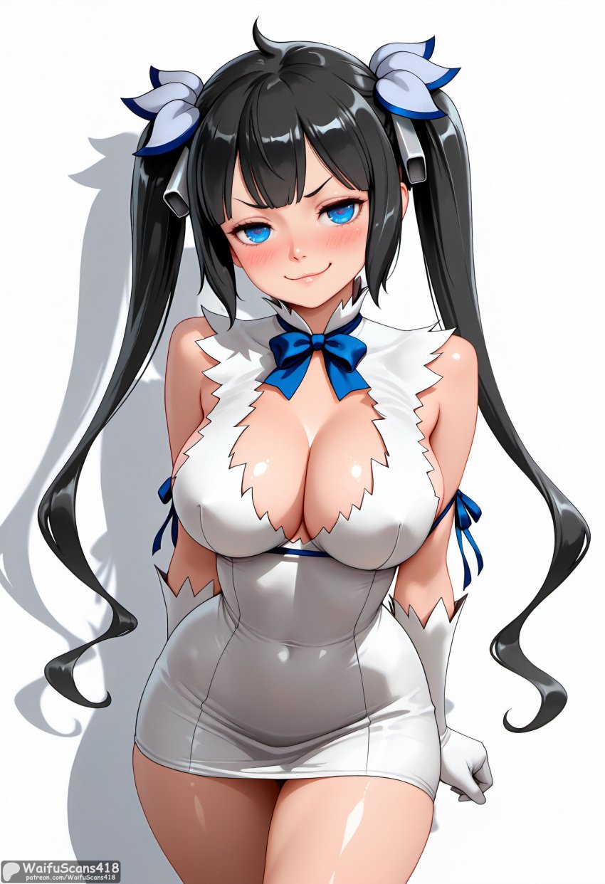 ai_generated artist_name bangs bare_shoulders black_hair blue_bow blue_eyes blue_ribbon blush bow bowtie breasts cleavage cleavage_cutout clothing_cutout covered_navel cowboy_shot dress dungeon_ni_deai_wo_motomeru_no_wa_machigatteiru_darou_ka female gloves hair_ornament hair_ribbon hestia_(danmachi) high_resolution highres large_breasts long_hair looking_at_viewer patreon_username pencil_dress rei_no_himo ribbon shiny shiny_skin short_dress simple_background sleeveless sleeveless_dress smile solo stable_diffusion twintails waifuscans418 web_address white_background white_dress white_gloves