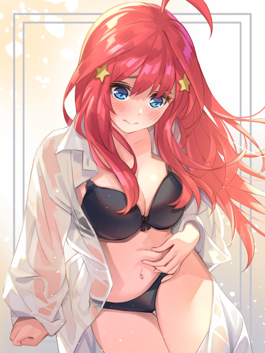 1girls absurdres belly bikini black_bikini black_bra black_panties blue_eyes bra breasts go-toubun_no_hanayome highres light-skinned_female light_skin nakano_itsuki panties red_hair solo swimsuit tagme to_gemichi