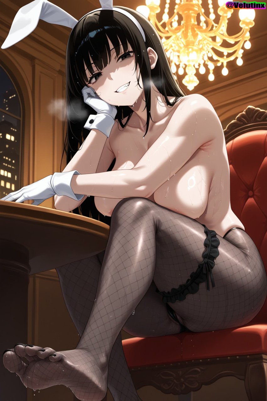 1girls absurd_res absurd_resolution absurdres ai_generated ass big_ass black_eyes black_hair breasts breasts_out bunny_ears covering_breasts covering_mouth curvaceous curvaceous_figure curvy curvy_body curvy_female curvy_figure curvy_hips deep_skin female fishnets garter_straps gloves grin hi_res high_quality high_resolution highres hourglass_figure huge_breasts looking_down narberal_gamma overlord_(maruyama) panties pussy_juice self_upload shaded_face sitting skindentation smug straight_hair sweat sweating sweaty velutinx visible_breath voluptuous voluptuous_female watermark wrist_cuffs