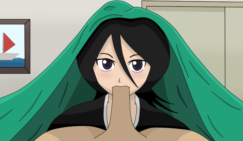 1boy 1girls alanistheanalqueen bed bedroom black_hair bleach blowjob blush clothed_female_nude_male clothing fellatio female ichigo_kurosaki kuchiki_rukia looking_at_viewer male oral penis pov sheet teenager under_covers white_skin