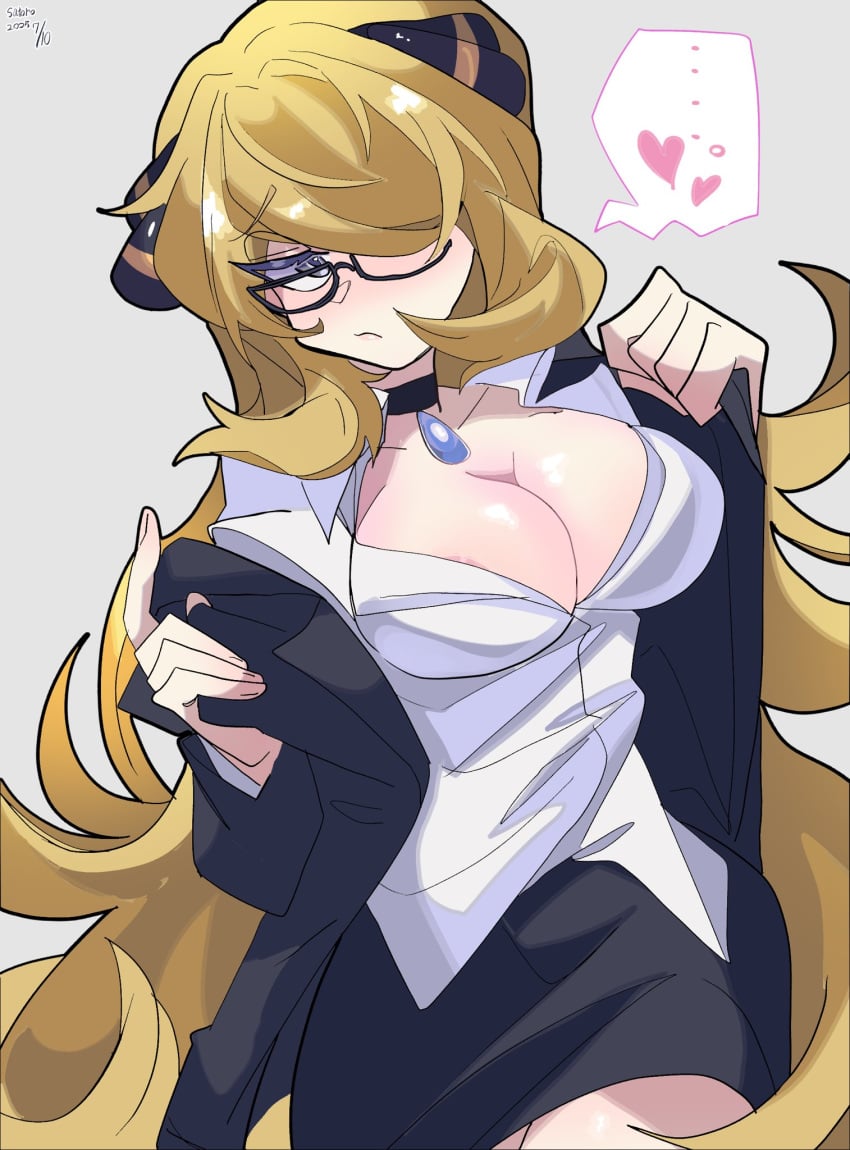 1girls artist_signature big_breasts blonde_hair breasts busty cleavage cynthia_(pokemon) female game_freak glasses light-skinned_female light_skin office_lady open_shirt pencil_skirt pokemon satoro301 speech_bubble