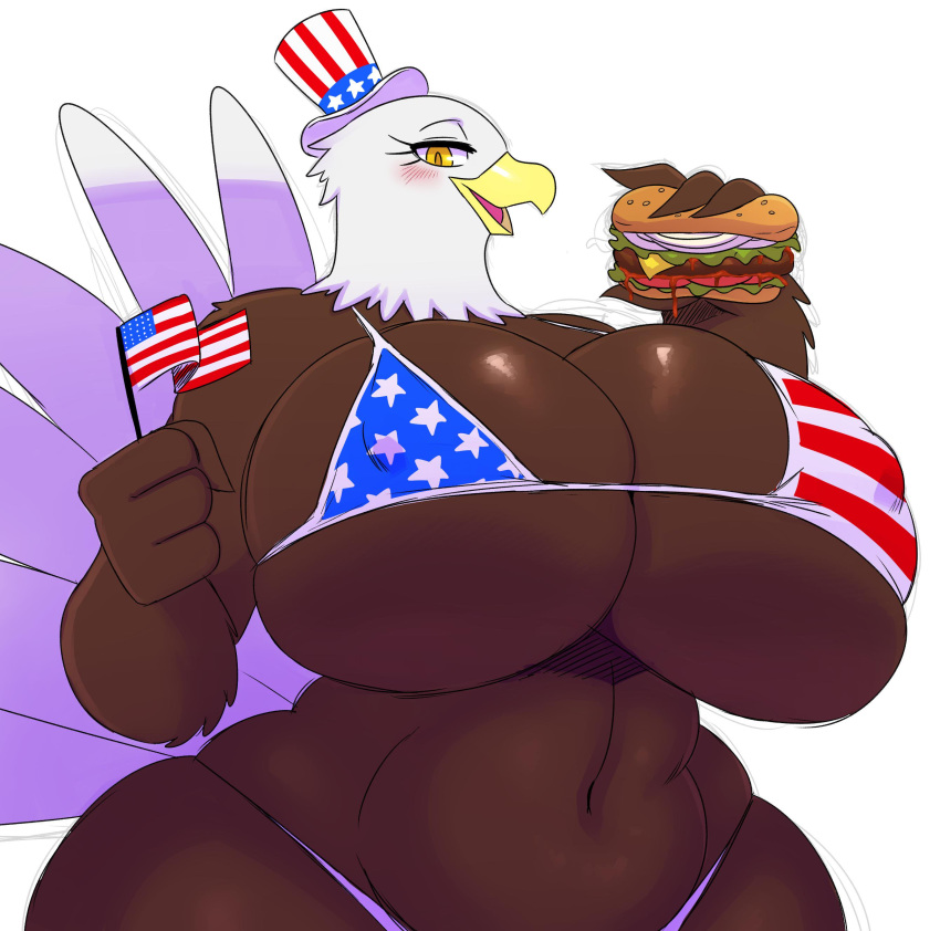 1girls american_eagle american_flag american_flag_bikini anthro avian big_breasts bird burger cheeseburger color eagle feathers female hamburger hat huge_breasts massive_breasts micro_bikini plain_background simple_background solo solo_female sssonic2 white_background