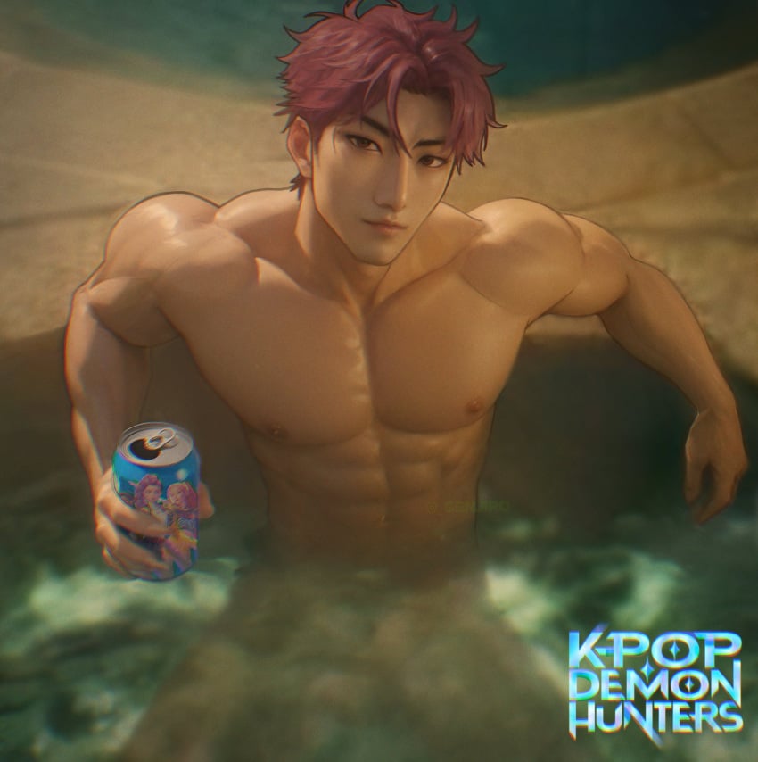 1boy abby_(kpop_demon_hunters) abs artist_name biceps genjiro kpop_demon_hunters looking_at_viewer male male_focus male_only muscular muscular_arms muscular_chest muscular_male netflix nipples pecs pectorals pink_hair pool saja_boys solo solo_male