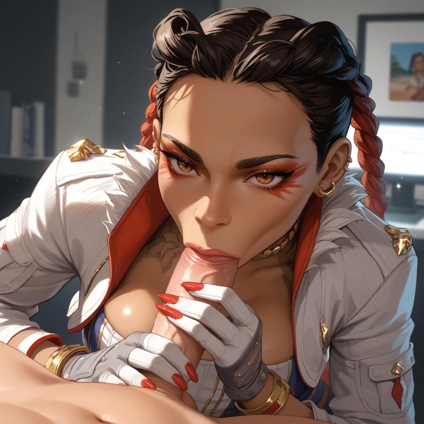 ai ai_generated blowjob braids caucasian cleavage close-up computer_screen dark_hair erection fellatio female futanari gold_accents intersex intimate loba_(apex_legends) medium_breasts modern_warfare office_background orange_eyeshadow realistic_style red_nails sexy sucking sucking_penis white_jacket