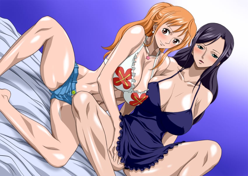 2girls big_breasts bikini breasts busty cleavage dress dressrosa female female_only jeans long_hair nami nel-zel_formula nico_robin one_piece orange_hair post-timeskip shorts shortshorts shounen_jump simple_background voluptuous yuri