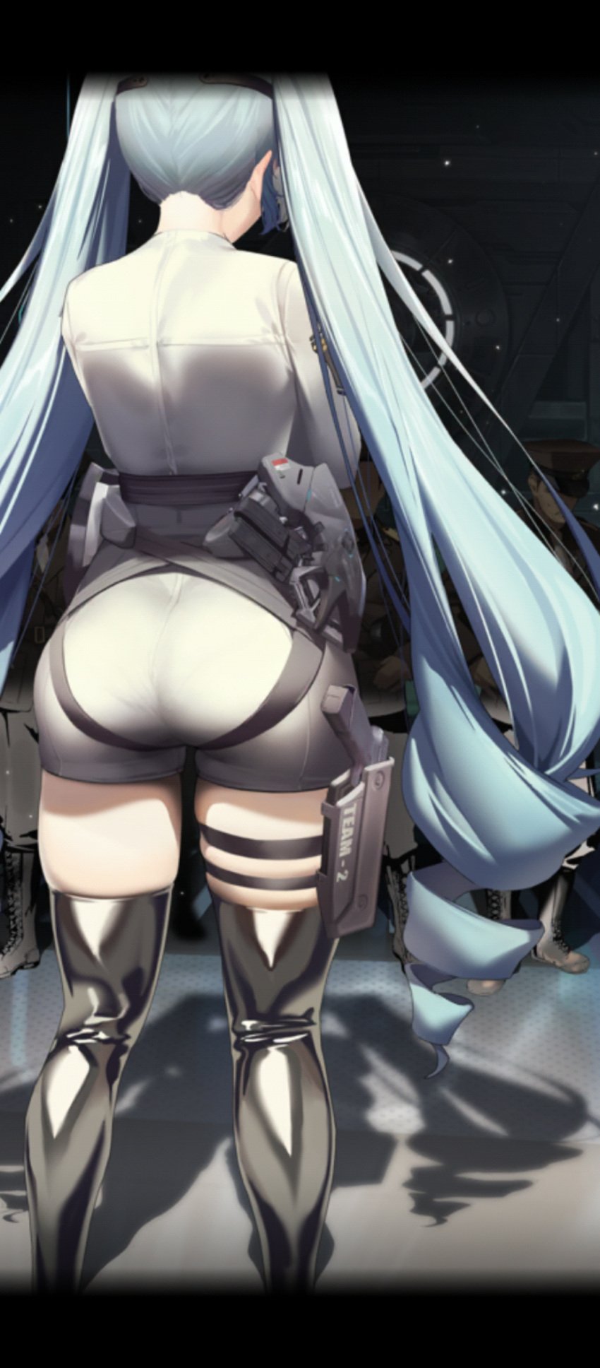 1girls ass ass_focus blue_hair boots facing_away female game_cg game_screenshot goddess_of_victory:_nikke military_uniform official_art privaty_(nikke) twintails