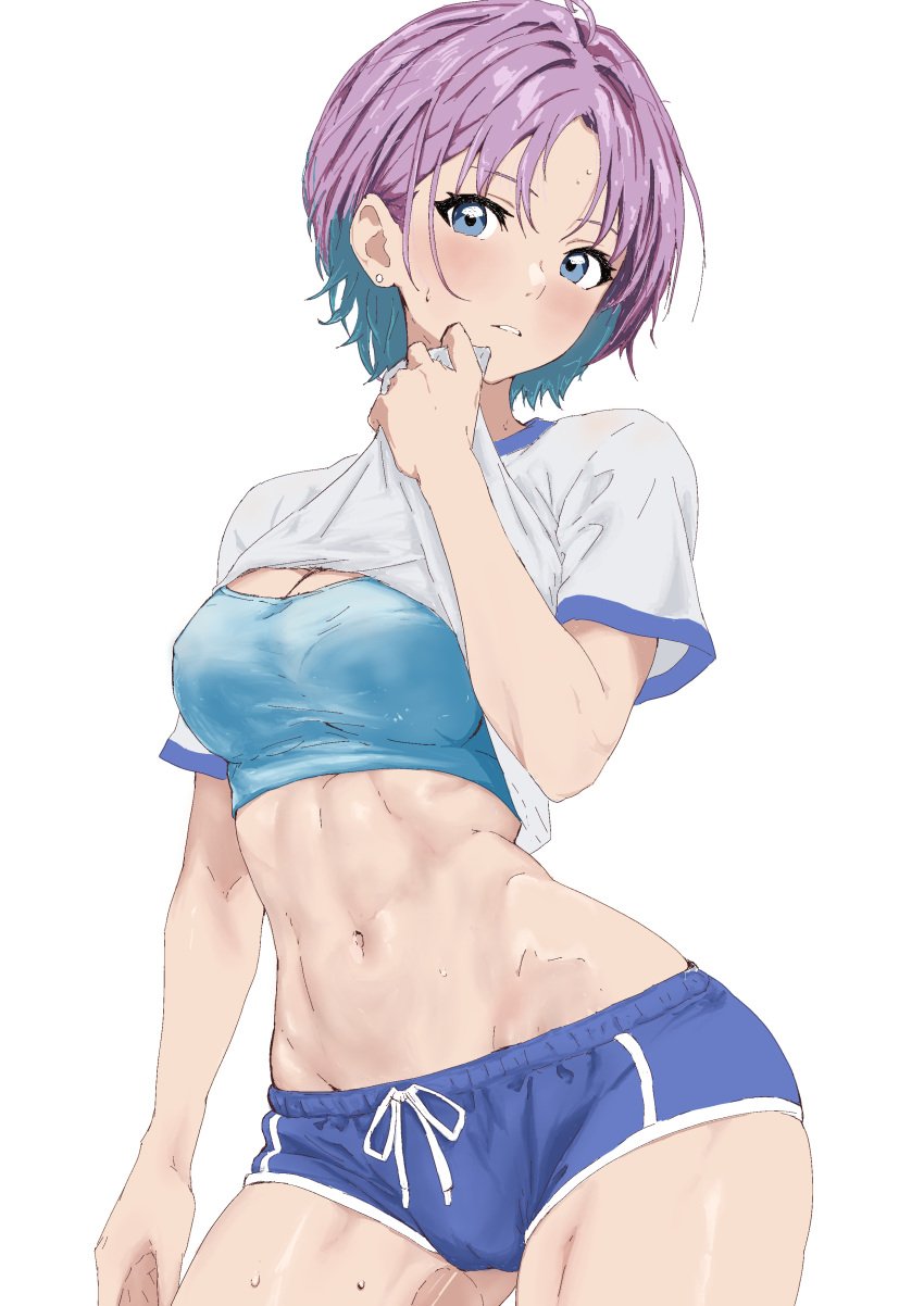 abs asakura_toru bare_arms bare_belly bare_legs bare_thighs belly_button blue_buruma blue_eyes blue_sports_bra blush breasts buruma cameltoe cleavage earrings female gradient_hair groin idolmaster idolmaster_shiny_colors medium_breasts multicolored_hair parted_lips purple_hair shimerike_yakisoba shirt shirt_lift short_hair short_sleeves sports_bra sweat sweaty_body thighs toned_female white_shirt wiping_sweat