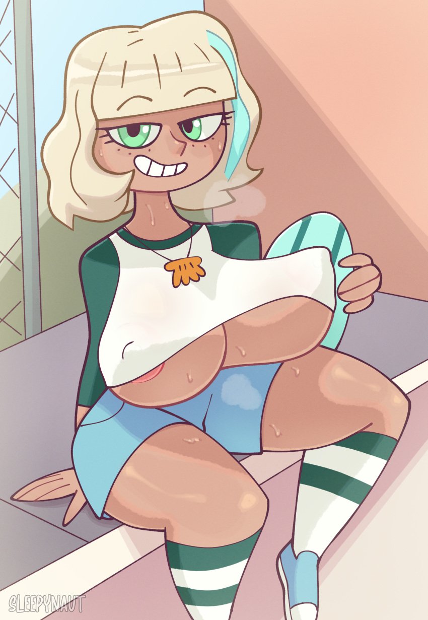 1girls alternate_version_available aqua_eyes big_breasts blonde_hair dark-skinned_female dark_skin disney disney_channel erect_nipples_under_clothes female female_focus female_only freckles freckles_on_face huge_breasts jackie_lynn_thomas looking_at_viewer nipple_bulge no_bra shirt sitting skateboard sleepynaut smile smiling smiling_at_viewer star_vs_the_forces_of_evil thick_thighs underboob voluptuous voluptuous_female wide_hips