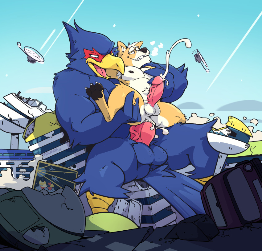 2018 absurd_res aircraft anal anal_orgasm anal_sex anthro avian balls beak biceps bird black_nose black_pawpads blue_feathers bodily_fluids breath building bulge canid canine chair_position chest_grab city claws cum cum_in_ass cum_inside cum_while_penetrated cumshot destruction digital_media_(artwork) duo ejaculation erection falco_lombardi feathers fox fox_mccloud from_behind_position fur gay genital_fluids hair hands-free haps helicopter hi_res humanoid_penis leg_grab looking_at_another looking_away looking_up macro male male/male male_only male_penetrating mammal muscular muscular_male nintendo nipples nude on_top open_mouth orgasm outside pawpads pecs penetration penile penis ruins sex size_difference sky smile smoke spread_legs spreading star_fox sweat teeth tongue vein veiny_penis video_games white_fur yaoi yellow_beak yellow_fur