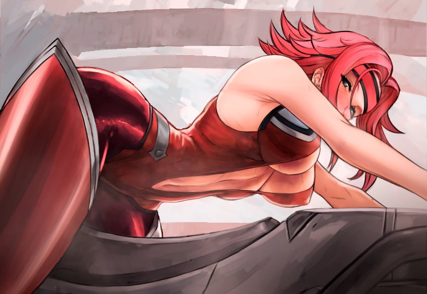 1girls armpits bare_shoulders bent_over blush bodysuit cleavage code_geass female from_below from_side half-closed_eyes headband kallen_stadtfeld looking_at_viewer medium_breasts midriff nibba red_hair shiny_skin short_hair sweat thick_thighs wide_hips