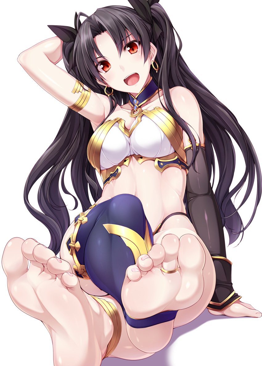 1girls :d anklet armlet armpits asymmetrical_legwear asymmetrical_sleeves bare_shoulders barefoot black_hair breasts choker collarbone crossed_legs earrings fate/grand_order fate_(series) feet female female_only foreshortening hair_ornament hair_ribbon hand_behind_head highres hoop_earrings ishtar_(fate) jewelry long_hair looking_at_viewer medium_breasts midriff nail_polish naturalton navel open_mouth pink_nails red_eyes ribbon single_thighhigh sitting smile soles solo stirrup_legwear thighhighs toe_ring toeless_legwear toenails toes two_side_up white_background