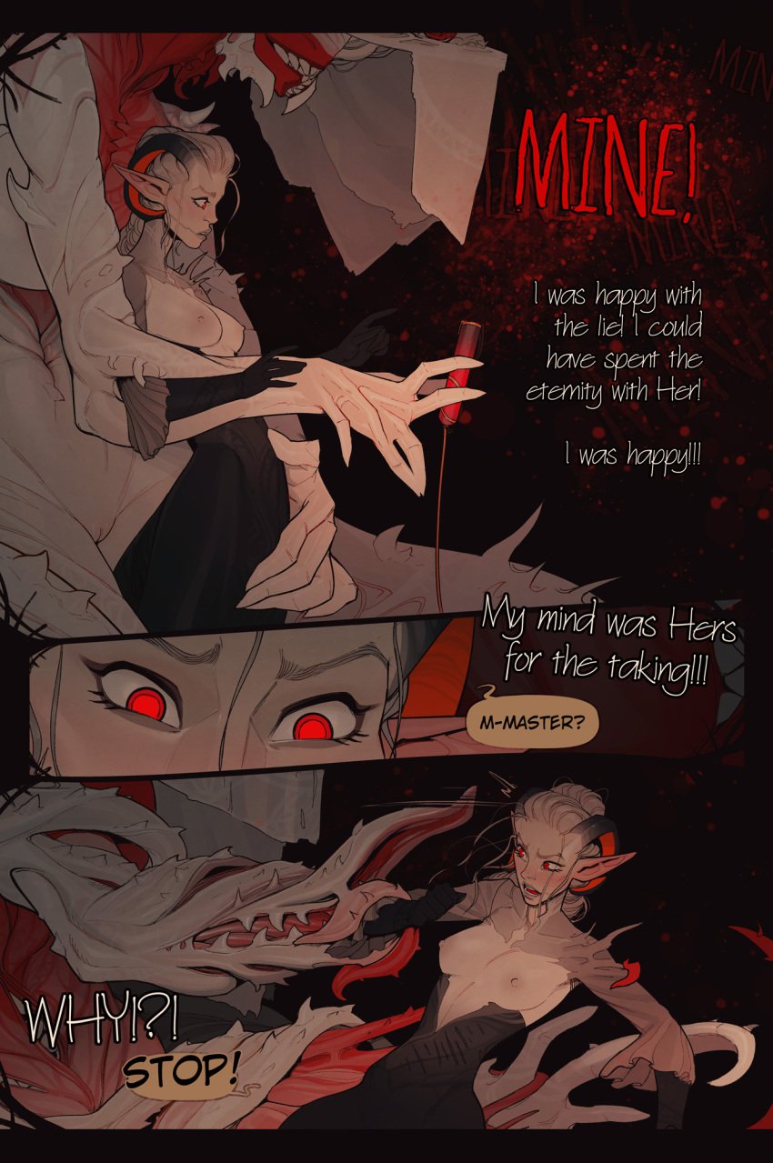 2019 blood bodily_fluids body_horror breasts clothing comic demon dialogue duo english_text female hair hi_res horn humanoid incase monster nipples nude pussy smile teeth text the_invitation_(comic) transformation