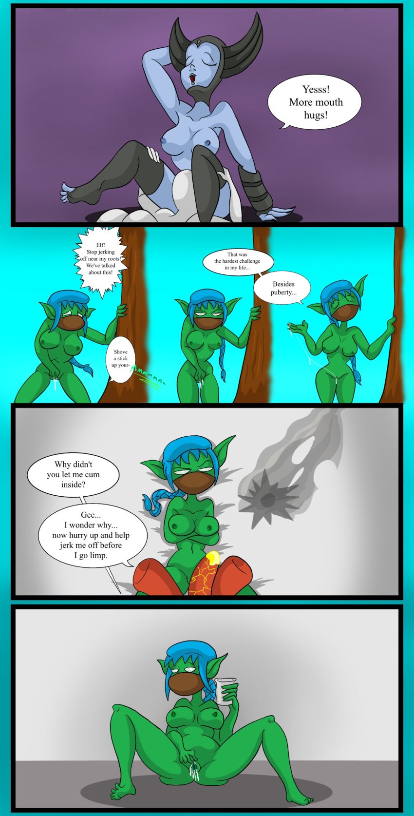 big_breasts comic dialogue eruptor hex_(skylanders) masturbation oral_sex skylanders stealth_elf tree