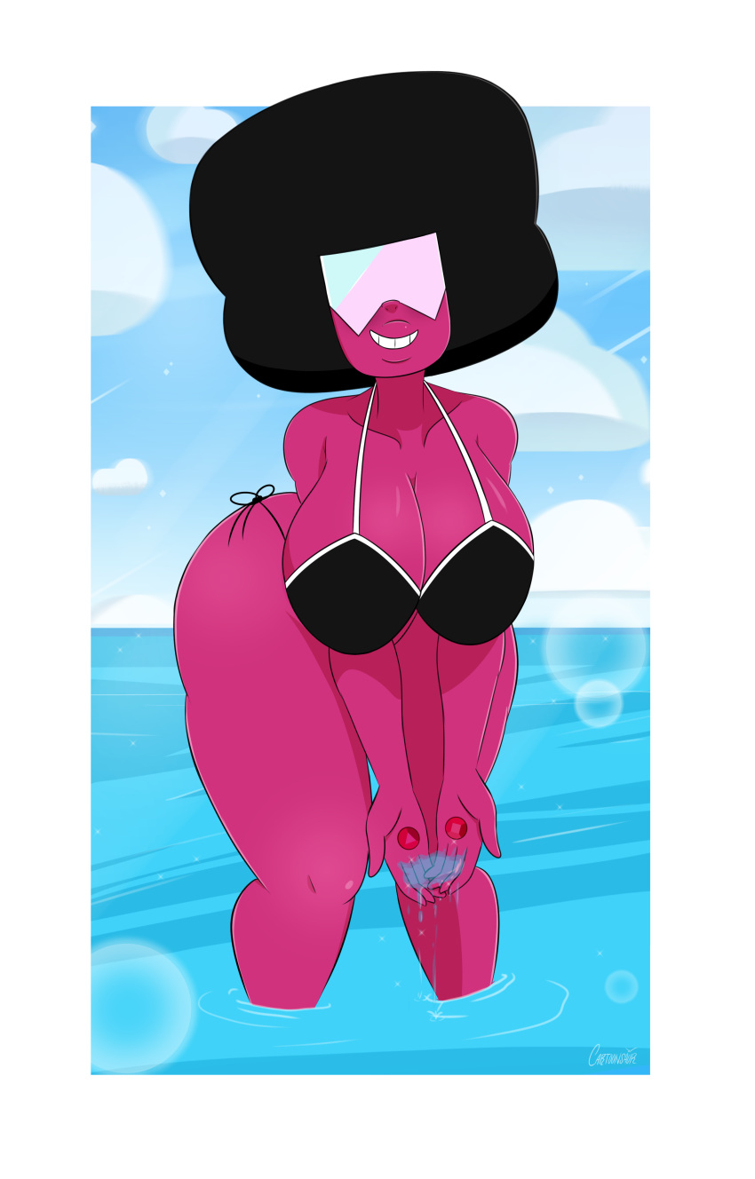 1girls absurd_res big_breasts bikini breasts cartoonsaur clothing female female_only garnet_(steven_universe) gem gem_(species) gem_fusion hair highres large_breasts long_hair pink_skin solo steven_universe thighs water