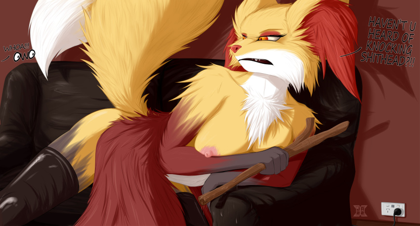 2019 bent_over bodily_fluids breasts delphox detailed_background female fur genital_fluids hi_res jazzax looking_back nintendo nipples open_mouth pokémon_(species) pokemon pokemon_xy pussy_juice red_eyes red_fur sofa solo teeth text video_games yellow_fur