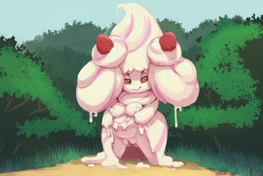 1girls 2019 3:2 alcremie anthro anthrofied breasts clothing clothing_lift cream dress dress_lift erect_nipples female food food_creature food_humanoid forest fruit gela-g-i-s-gela goo_creature goo_humanoid hi_res humanoid looking_aside mawhip nintendo nipple_outline nipples non-mammal_breasts outside plant pokémon_(species) pokemon pokemon_ss presenting presenting_pussy pussy red_eyes shortstack slime solo strawberry tree vagina video_games whipped_cream