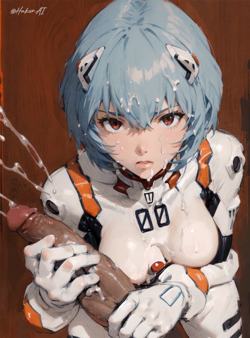 1boy 1girls ai_generated blue_hair breasts bukkake dark-skinned_male female hakur_ai handjob human interracial kneeling large_penis looking_at_viewer male_pov monster_cock neon_genesis_evangelion on_knees pale-skinned_female pale_skin pilot_suit plugsuit red_eyes rei_ayanami serious_look short_hair