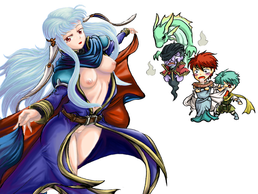 blue_hair blush bottomless breasts clothing_swap dance dancing drooling eliwood_(fire_emblem) eliwood_(fire_emblem)_(cosplay) female_focus fire_emblem fire_emblem:_the_blazing_blade ghost long_hair looking_at_viewer naked nergal_(fire_emblem) nils_(fire_emblem) ninian_(fire_emblem) ninian_(fire_emblem)_(cosplay) nude open_mouth perverted_panda red_eyes softcore