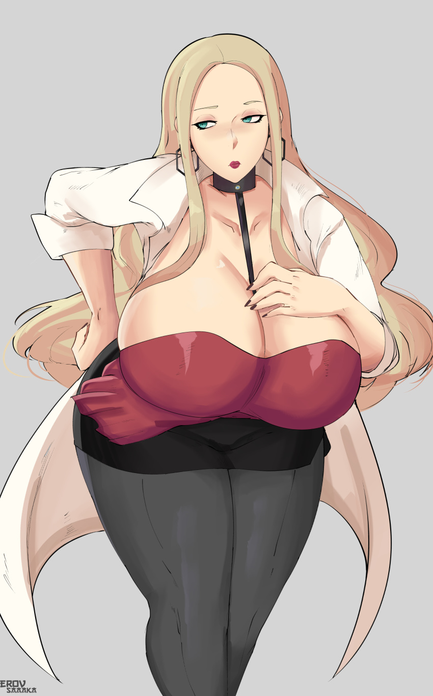 1girls alternate_breast_size ass bent_over big_ass big_breasts blonde_hair breasts breasts_bigger_than_head busty choker chubby cleavage coat curvy erovsaaaka female game_freak green_eyes grey_background hand_on_ass hand_on_hips huge_ass huge_breasts human human_only large_breasts lipstick long_hair looking_away nintendo oleana_(pokemon) pantyhose pokemon pokemon_ss shirt skirt solo text thick_thighs venus_body voluptuous watermark wide_hips